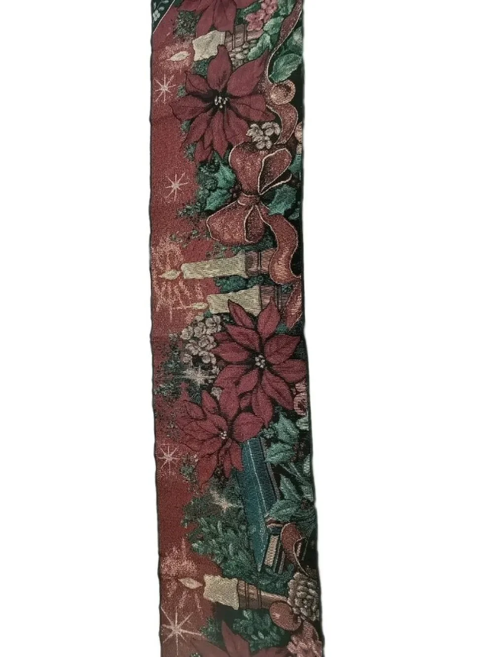 Christmas Tapestry Table Runner Poinsettia Candles Metallic Gold Threads 70x12